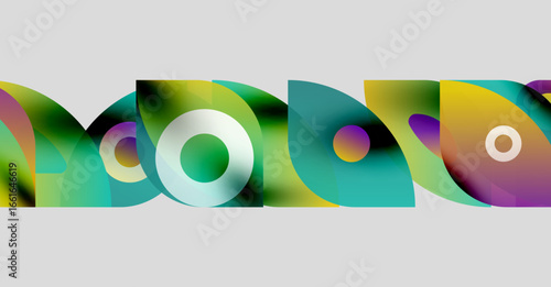 Abstract colorful shapes overlap, creating dynamic visual pattern. Circles, curves, gradients define composition. Modern design element.
