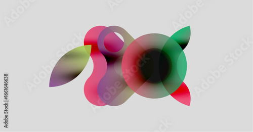 Abstract colorful shapes overlap, creating dynamic visual composition. Soft gradients blend hues, forming fluid forms. Minimalist design.
