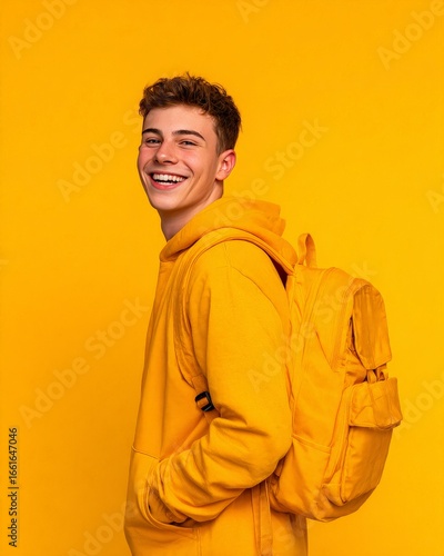 A young man wearing a yellow hoodie and backpack smiles against a bright yellow background.