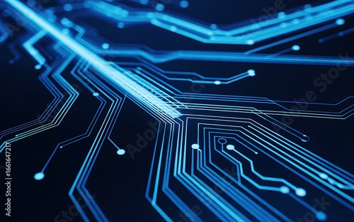 Abstract glowing blue circuit board lines with digital data flow