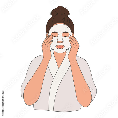 A serene young woman indulges in a relaxing home spa experience, applying a hydrating sheet face mask for her daily skincare and self-care beauty routine.
