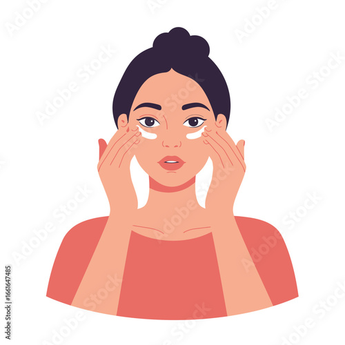 A young woman in a modern vector illustration gently applies hydrating cream to her under-eye area, emphasizing a daily skincare and self-care ritual for healthy skin.