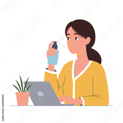 A young woman uses an eye spray or refreshing mist to alleviate dryness while working on her laptop, emphasizing digital eye strain and self-care.