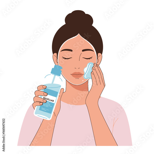 A serene woman is depicted in an illustration, gently cleansing her face with micellar water and a soft cotton pad as part of her daily beauty regimen.