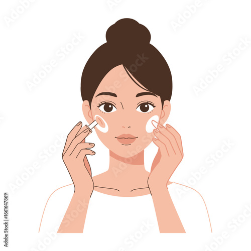 A beautiful young woman meticulously applies a facial serum or cream to her cheeks and forehead with a dropper, illustrating a modern skincare routine.