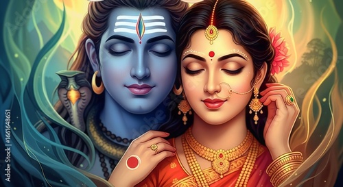 Divine embrace of lord shiva and goddess parvati in a serene aura