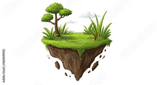 Floating island landscape with lush green vegetation and trees.