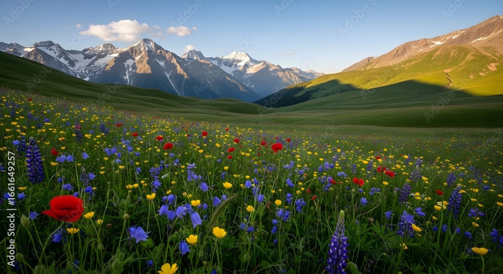 Fototapeta premium A vibrant meadow filled with wildflowers beneath snow capped mountains on a sunny day landscape view