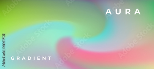 Abstract vector illustration features a modern aura gradient style, with swirling pastel green, and pink colors blending smoothly to create a dreamy, soothing visual theme.
