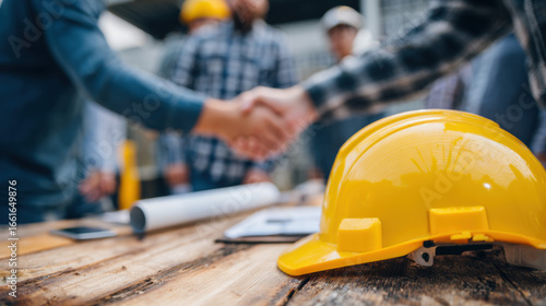 Construction Team Collaboration with Hardhat and Handshake Moment