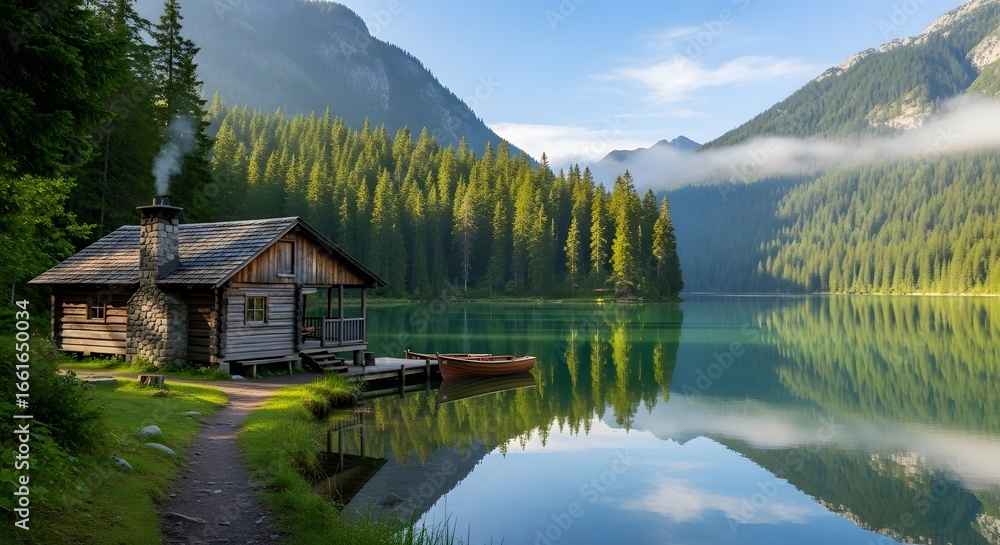 Naklejka premium A cabin by a serene lake surrounded by lush green forest and towering mountains under a clear sky