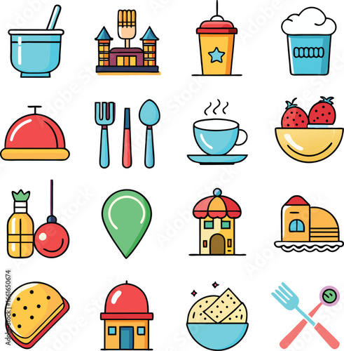 Collection of charming food and dining icons featuring culinary tools restaurants drinks and delicious dishes for gastronomic themes.