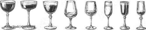 Set illustrations of wine glass isolated on transparent background. Vector graphics