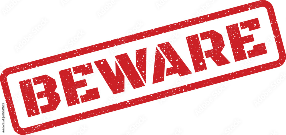 Foto Red grungy beware stamp illustration, rectangular rubber print with worn texture
