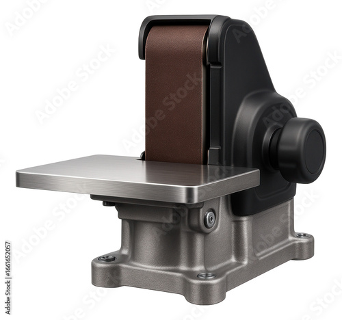 Stationary belt sander with a large worktable for metal fabrication tasks.