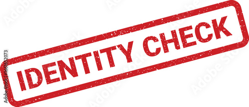 Red grungy identity check stamp with textured effect, rectangle shape, slanted vector