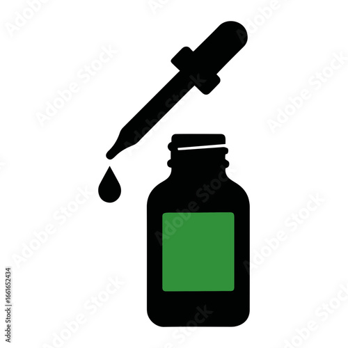 Illustration of a dropper with a liquid drop above a bottle with green label on transparent background