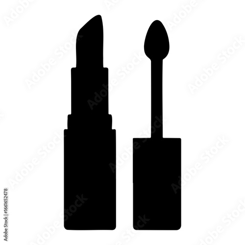 Illustration of a lipstick tube and applicator in black silhouette style design on transparent background