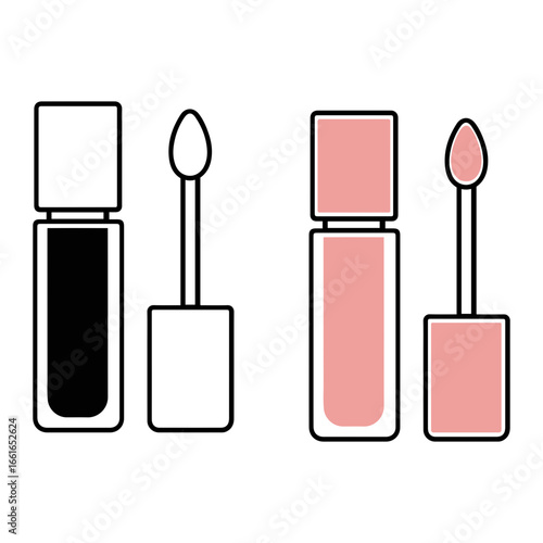 Illustration of two lip gloss containers with applicators in black and pink color on transparent background