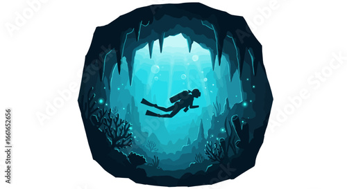 Silhouette of a diver exploring an underwater cave, vibrant teal colors.