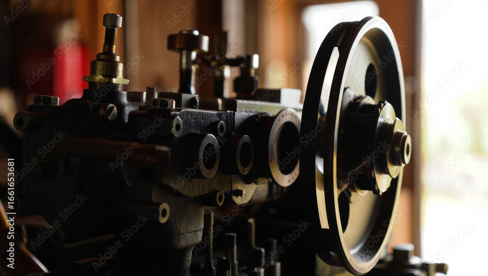 Fototapeta premium A detailed close-up of a vintage industrial machine showcases polished metal gears, a large flywheel, and intricate mechanical parts bathed in warm workshop lighting.