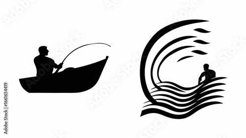 Illustration featuring a fisherman in a boat and a person in water with stylized waves and foliage design silhouette