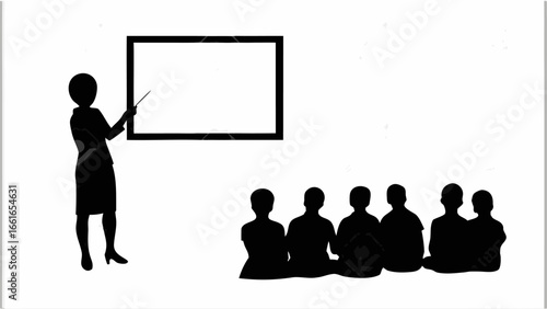 Silhouette of a teacher presenting to a group of students in front of a blank whiteboard screen area