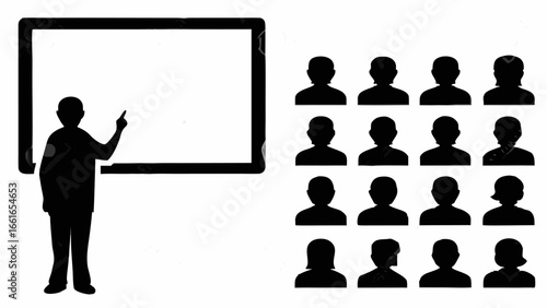 Silhouette of a person presenting to a group of people in front of a blank white board display