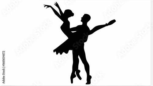 Silhouette of a ballet dancer couple in a graceful pose with arms extended on a white background scene