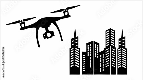 Silhouette of a drone with camera flying over a city skyline with tall buildings and skyscrapers in black