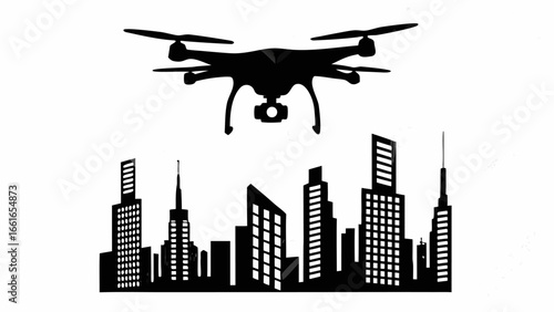 Silhouette of a drone flying above a city skyline with various buildings and structures in the background