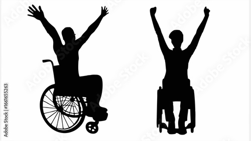 Silhouettes of people in wheelchairs with arms raised in celebration and achievement shown in black
