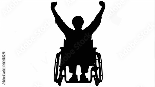 Silhouette of a person in a wheelchair with arms raised in celebration against a white background scene view