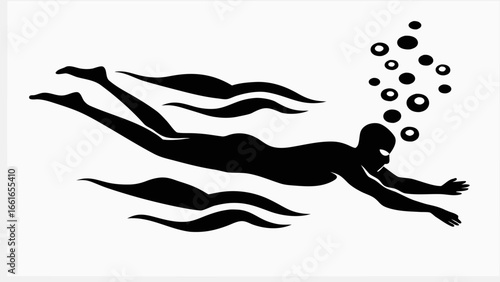 Silhouette of a swimmer underwater with bubbles and stylized waves in black and white illustration