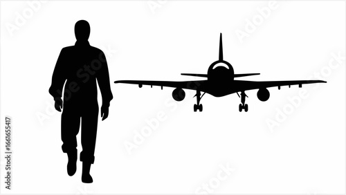 Silhouette of a person walking toward a commercial airplane on a white background in a stark contrast