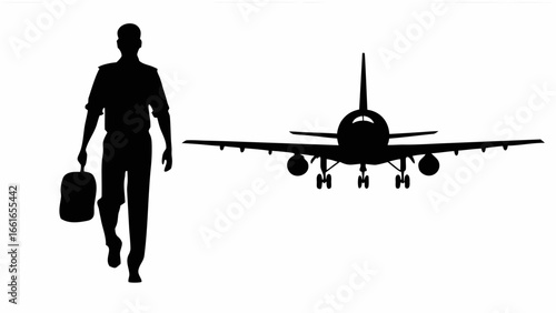 Silhouette of a pilot walking with a bag in front of an airplane on a white background vector image
