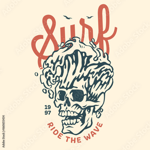Vintage surf skull with wave design