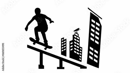 Silhouette of skateboarder riding on rail with cityscape in background in monochrome illustration