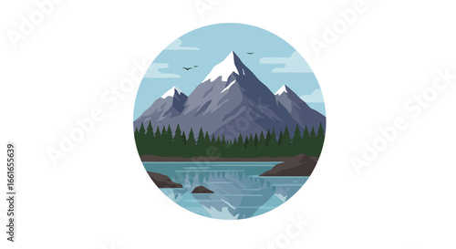 Serene mountain lake scene, snow-capped peaks reflected in calm water, surrounded by evergreen forest.