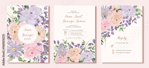 wedding invitation card set with purple pink floral watercolor background