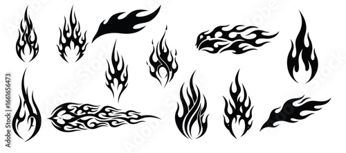 A dynamic collection of stylized black tribal flame graphics, showcasing a variety of sharp, flowing designs suitable for tattoos and decals.