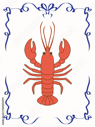 Vintage Lobster Illustration. Graphic Retro Style Sea Food Animal Art. Cafe Restaurant Menu Print. Mediterranean Coastal Life Style. Ocean Resort Travel Vacation Holiday Decoration. Lace Border Frame