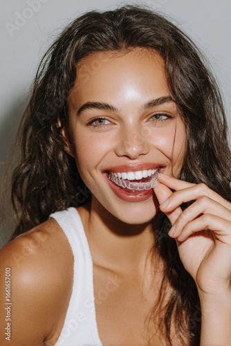 Young Woman Smiling with Clear Dental Aligners in Natural Light