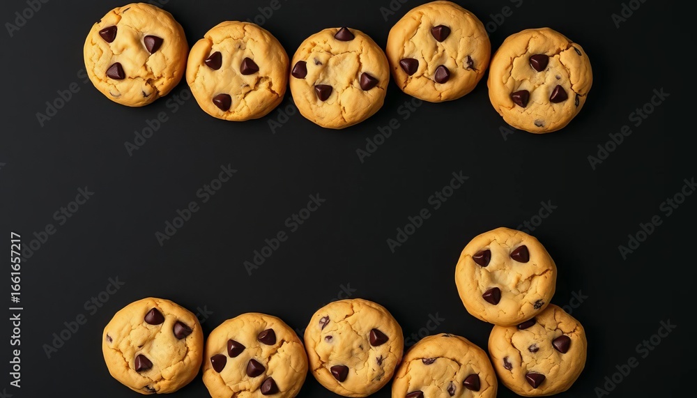 Obraz premium Golden-brown chocolate chip cookies arranged in a frame against a stark black backdrop, chewy, rustic