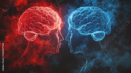 Two opposing brains meet in conflict, shrouded in red and blue smoke.