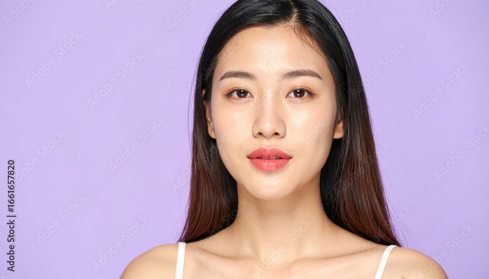 Fototapeta premium Young asian woman showing gradient lipstick on purple background