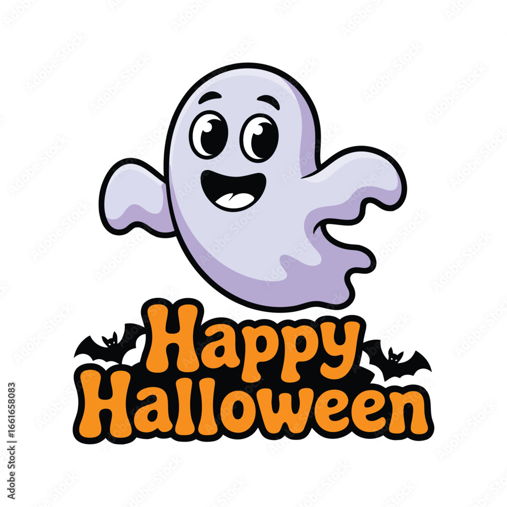 Obraz premium Festive Halloween Ghost Cartoon Design with Spooky Happy Halloween Typography and Bat Accents for a Cheerful Holiday Theme