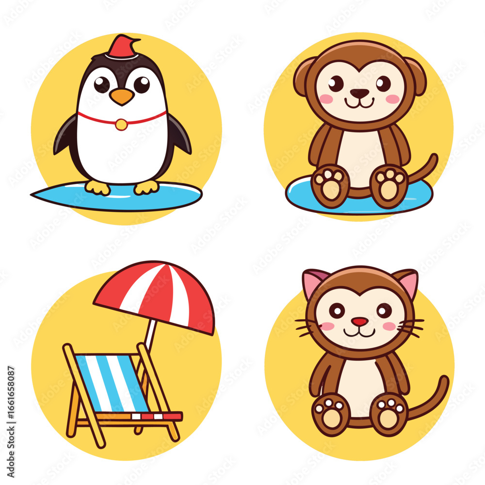 Fototapeta premium Adorable Cartoon Animals Summer Vacation Set: Penguin Surfing, Monkey, Cat, Beach Chair, Umbrella; Cheerful, Playful, Childlike Style; Perfect for Kids' Products, Websites, and Summer-Themed Designs.