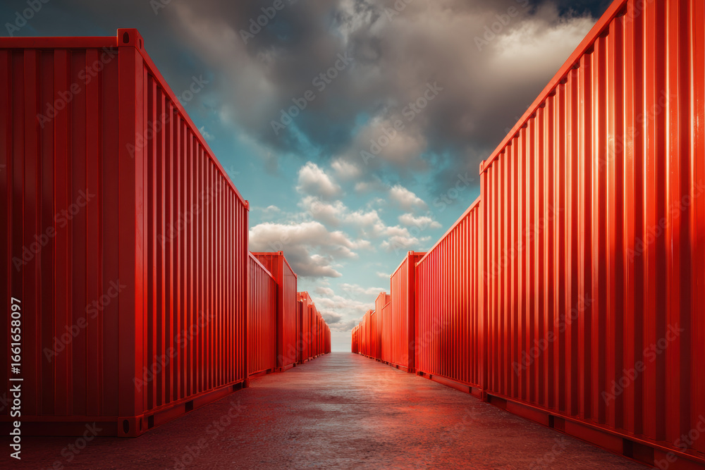 Fototapeta premium Vibrant Red Shipping Containers Under Dramatic Cloudy Sky