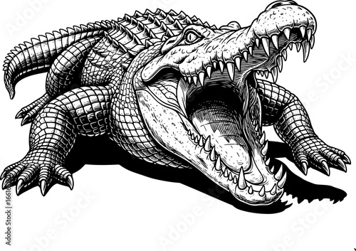 Black and White Vector Illustration of Crocodile Head with Sharp Teeth and Scales